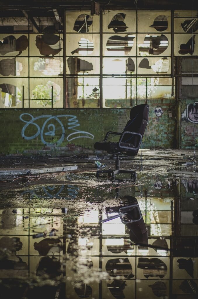 chair, reflection, water, flood, abandoned, building, nature, glass, dirty, old, vandalism, wall