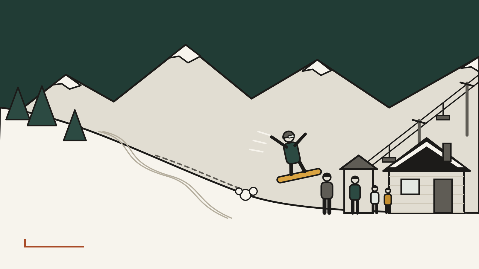 Illustrazione: a fine pista, vicino alla baita e alla partenza della seggiovia, una famiglia è ferma a bordo pista; uno snowboarder con il casco perde il controllo e la tavola sta per colpire alla testa l'uomo, che il casco non lo ha.