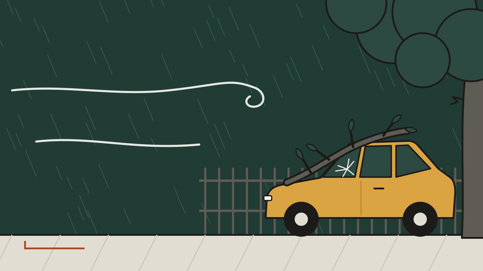 Illustrazione: auto parcheggiata in un cortile recintato durante un temporale, con un ramo caduto sul parabrezza crepato.