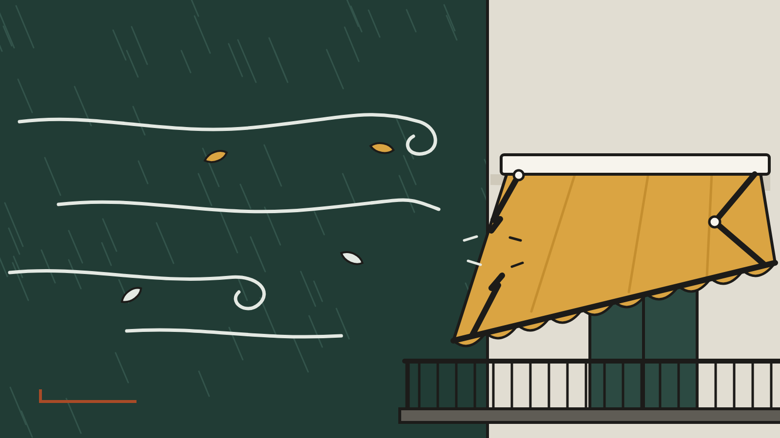 Illustrazione: tenda da sole con il braccio spezzato dal vento su un terrazzo durante un temporale.